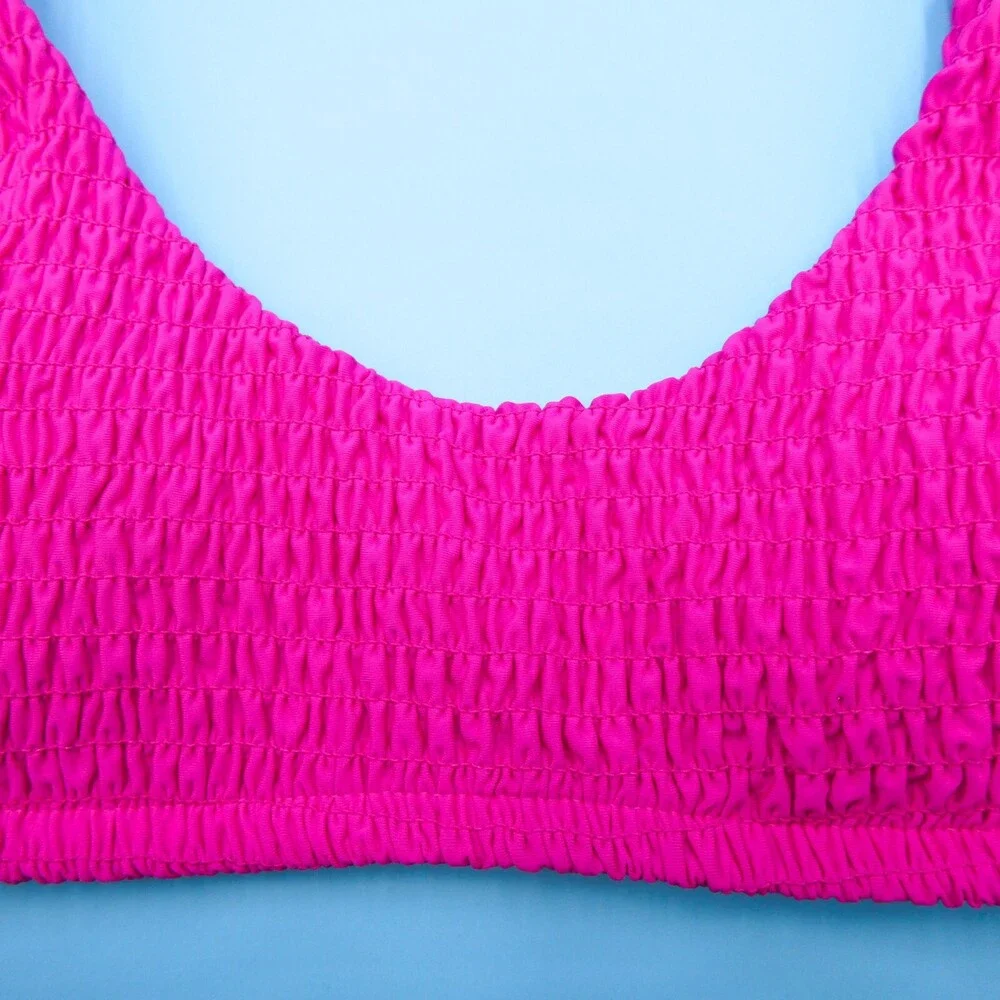 Victorias Secret Medium Pink Ruched Fabric Padded Ribbed Bikini Top Pullover New